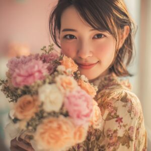婚活で結婚をした、花束を持つ女性の画像