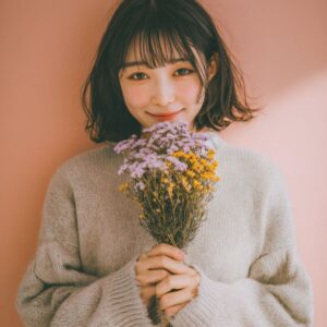 花束を持ち、婚活を始めた女性の画像